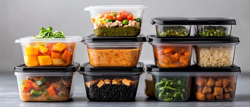 A stack of meal prep containers labeled for the week with balanced meals