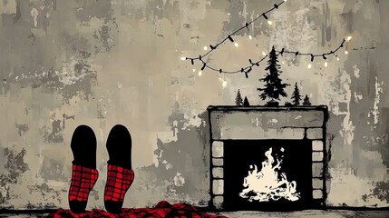 Cozy Holiday Vibes: Person by the Glowing Fireplace Under a Red Plaid Blanket - Perfect for a Festive Poster in Your Home or Sports Interior!