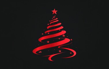 Elegant Red Christmas Tree with Spiraling Ribbons and Stars on a Dark Background Perfect for Holiday Celebrations and Festive Decorations