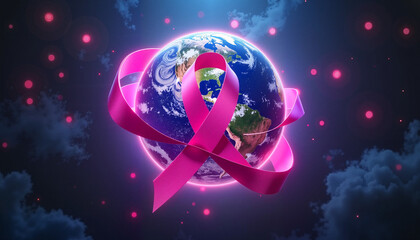 Naklejka premium World Cancer Day banner with pink ribbon and confetti