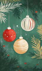 Vintage minimalist illustration of three Christmas ornaments