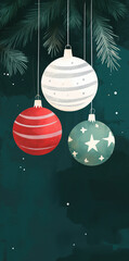 Vintage minimalist illustration of three Christmas ornaments