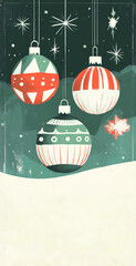 Vintage minimalist illustration of three Christmas ornaments