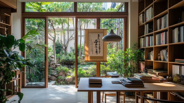 Modern home library with bookshelves and wooden table overlooking lush garden through large glass windows