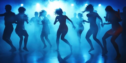 Dynamic Dance Floor Scene with Silhouettes and Dramatic Lighting Effects in a Lively Nightclub Atmosphere Creating an Energetic and Engaging Vibe