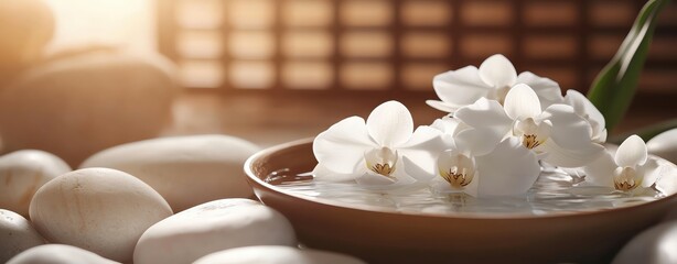 Close-up of a serene spa setting with white orchid petals floating in a bowl of warm water, surrounded by smooth stones and a soft-focus background of a traditional wooden screen