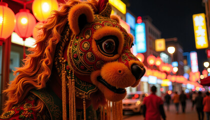 Vibrant lion dance costume under festive lanterns