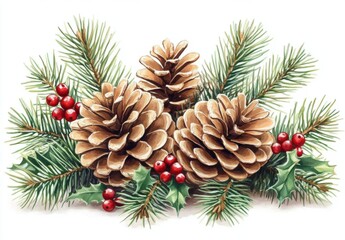 Beautiful arrangement of pinecones, evergreen branches, red berries, and holly leaves, perfect for winter and holiday seasonal decorations and festive celebrations.