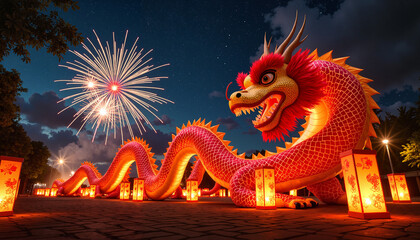 Obraz premium Red lanterns and dragon in nighttime celebration