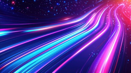 Abstract neon light trails in pink, purple, and blue tones on a dark starry background