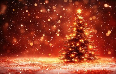 Beautifully Decorated Christmas Tree Illuminated by Warm Lights Amidst Glowing Snowflakes and a Festive Christmas Atmosphere Perfect for Holiday Celebrations
