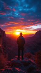 Obraz premium A person enjoying a stunning sunset view ,Sunset mountain hiking, scenic sunset mountain view, peaceful sunset mountain adventure ,Tranquil mountain retreat ,Majestic landscape silhouette