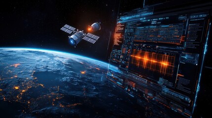 Naklejka premium Two satellites orbiting Earth with advanced digital interface displaying data and glowing communication elements