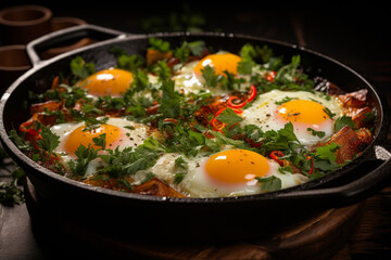 Shakshuka with eggs, tomatoes and parsley in a cast iron skillet. ,. 