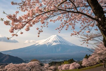Serene Mt Fuji landscape with blooming cherry blossoms in spring, Mt Fuji, Pathway Leading To The Summit, Forest Floor
