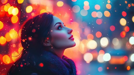 Fototapeta premium Portrait of a Woman with Vibrant Bokeh Lights, Featuring Dreamy Urban Ambiance and Captivating Expression for Nighttime Inspiration ,Artistic Night Portrait ,Vibrant City Portraits
