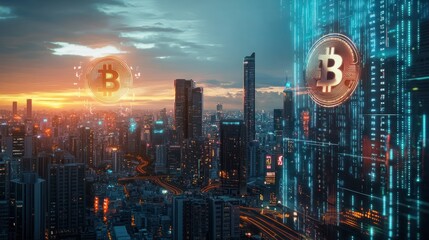 A futuristic cityscape with cryptocurrency symbols integrated into the architecture