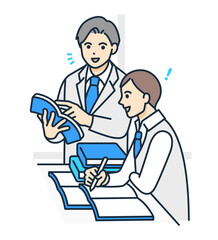Fototapeta premium 教諭が学生に参考書を用いて指導する。ベクターイラスト素材。授業のワンシーン。