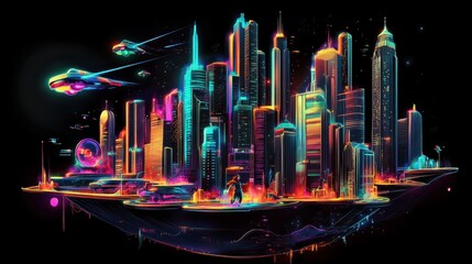 A futuristic cityscape with towering skyscrapers and flying cars, featuring a young girl with neon-lit hoverboard gliding through the air, in a sleek, cyberpunk cartoon style, on a black background.