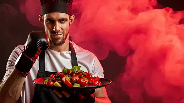 A male chef in boxing gloves presents a vibrant salad against a red smoky backdrop, symbolizing culinary mastery and competition