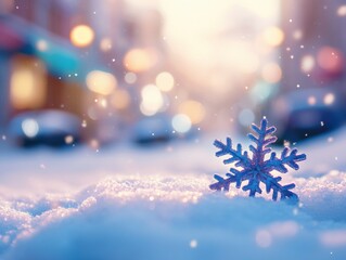 Naklejka premium Captivating Close-Up of a Snowflake on a Snowy Surface with a Dreamy Winter Background and Soft Colorful Bokeh Effect