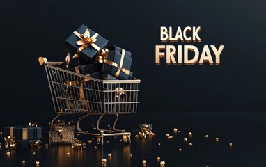 Black Friday Shopping Cart A shopping cart filled with sleek black gift boxes and gold ribbons, with the text "BLACK FRIDAY" glowing in bold white letters above 
