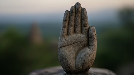 Close-up of a weathered stone hand sculpture, a symbol of peace and serenity.
