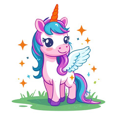 Colorful unicorn with wings in a playful pose. Generative AI