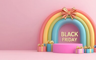 bold big letters close-up "BLACK FRIDAY" podium christmas mockup rainbow background