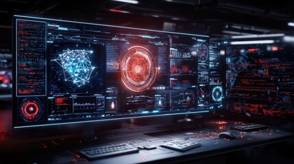 Obraz premium Futuristic control panel with digital screens displaying data visualizations and holographic interface.