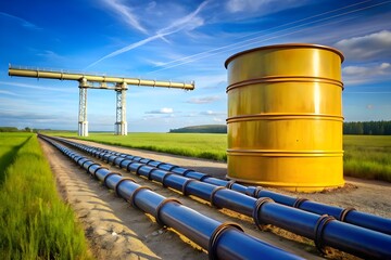 pipeline and oil barrel tank in field. Energy transportation system
