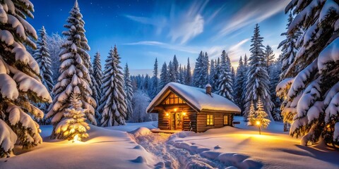 Fototapeta premium Winter Wonderland Cabin Nighttime Log Cabin in Snowy Forest, Wide Angle Composition, Illuminated Snow, Winter Scene Winter, Cabin, Snow