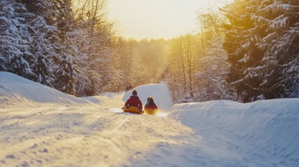  family sledding down a snowy hill, surrounded by snow-covered trees,  cheerful winter atmosphere