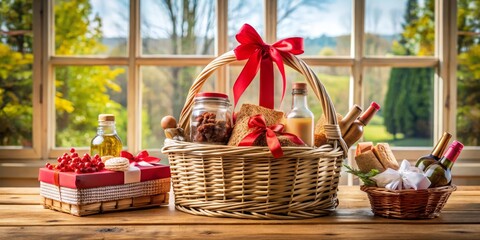 Wicker Basket Gift Composition Window View, Food and Wine, Red Ribbon, Wooden Table. Gift basket, food, wine