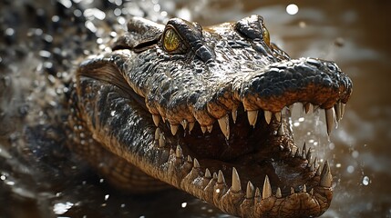 Obraz premium A close-up of a crocodile displaying its sharp teeth in a splash of water.