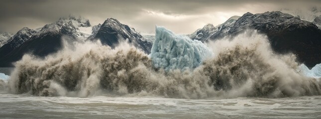 Naklejka premium Dramatic waves crashing against a massive iceberg in a breathtaking mountainous landscape. A powerful display of nature's raw energy and beauty.