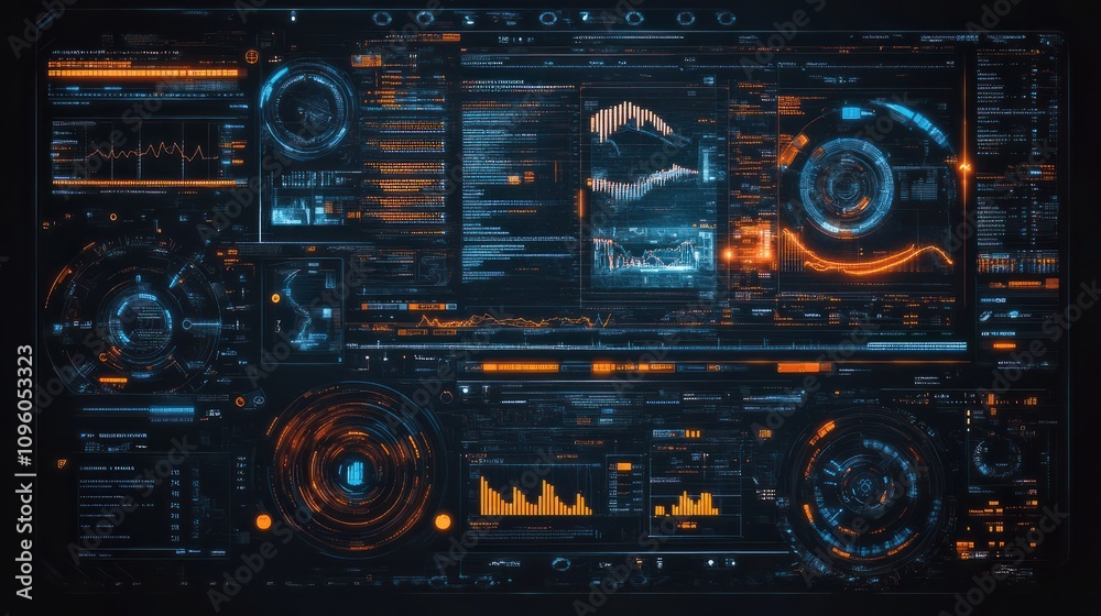 Poster abstract futuristic data visualization with graphs, charts and digital code in blue and orange on da