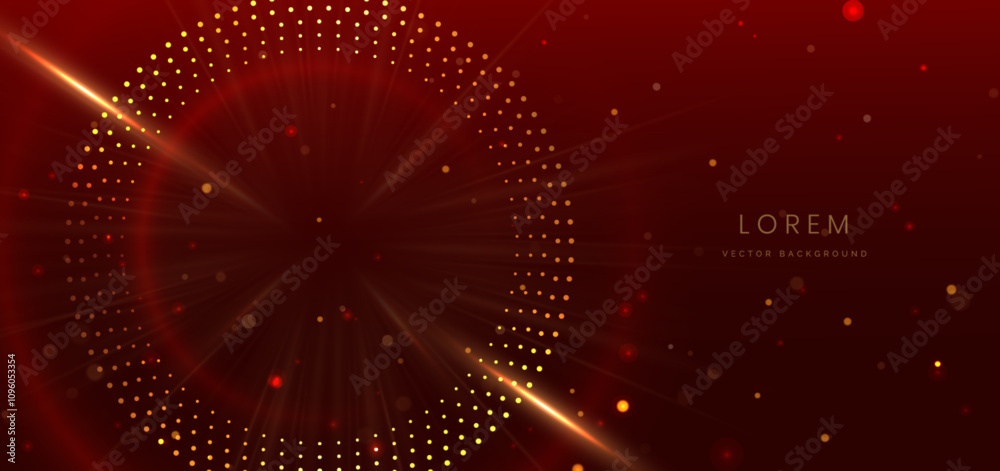 Wall mural abstract elegant glowing golden circles lines on dark red with dot lighting effect.
