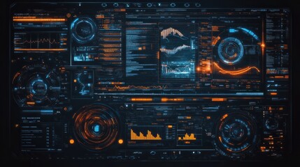 Fototapeta premium Abstract futuristic data visualization with graphs, charts and digital code in blue and orange on dark background.
