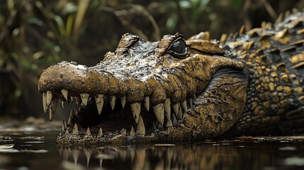 Obraz premium A close-up of a crocodile emerging from water, showcasing its teeth and textured skin.