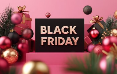 bold big letters close-up "BLACK FRIDAY" podium christmas mockup pink background -