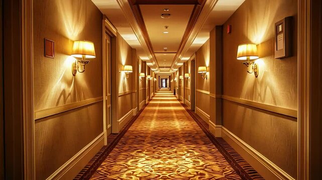 Elegant hotel hallway with dim lighting and patterned carpet, evoking luxury and travel themes