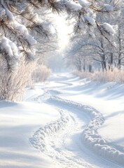 Obraz premium Serene Winter Landscape with Snow-Covered Trail Winding Through Frozen Forest and Glimmering Snowflakes Under Soft Morning Light