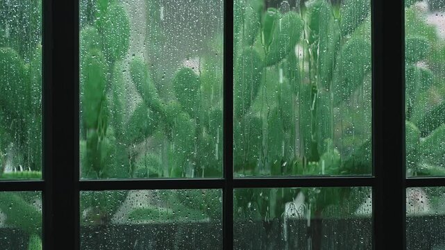 Close-up of rain drops on the glass of large window with a black frame in the veranda. Tropical climate cloudy weather on the summer day 