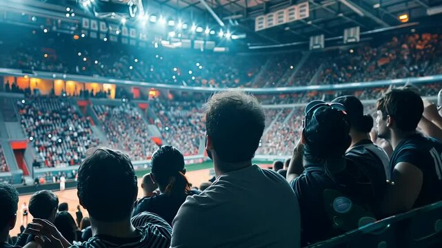 A diverse crowd in a stadium enjoying a live basketball game, celebrating sports and camaraderie