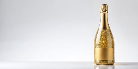 Front View of Gold Glitter Champagne Bottle with Blank Label, Celebration Concept, Sparkling Wine Champagne, Festive, New Year