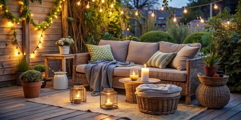 Fototapeta premium Cozy Outdoor Patio at Night Wicker Sofa, String Lights, Candles, Rug, Wooden Deck, Outdoor Lighting Design Outdoor Decor, Patio Design