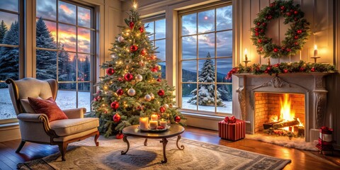 Cozy Christmas Room Interior View, Decorated Tree, Fireplace, Winter Sunset, Christmas Ornaments, Candles, Gift