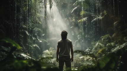 Obraz premium a double exposure of a man with a jungle landscape inside, empty space on the right side, Soft Natural Light,generative ai illustration