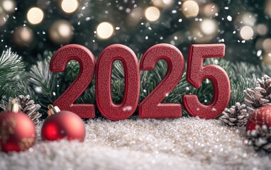 big bold numbers "2025" close-up podium christmas mockup 